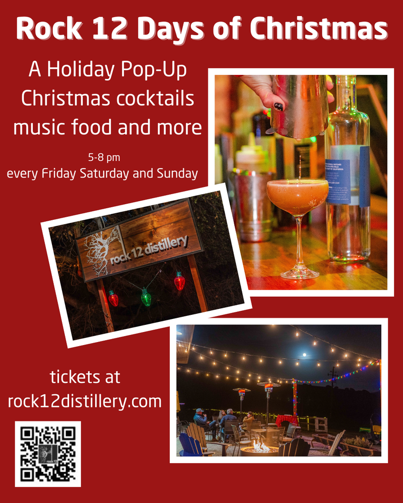 Red holiday event poster titled 'Rock 12 Days of Christmas.' Features festive cocktails, music, and food. Includes images of a cocktail, the distillery sign, and a warmly lit outdoor seating area. Event is Fridays to Sundays, 5-8 pm