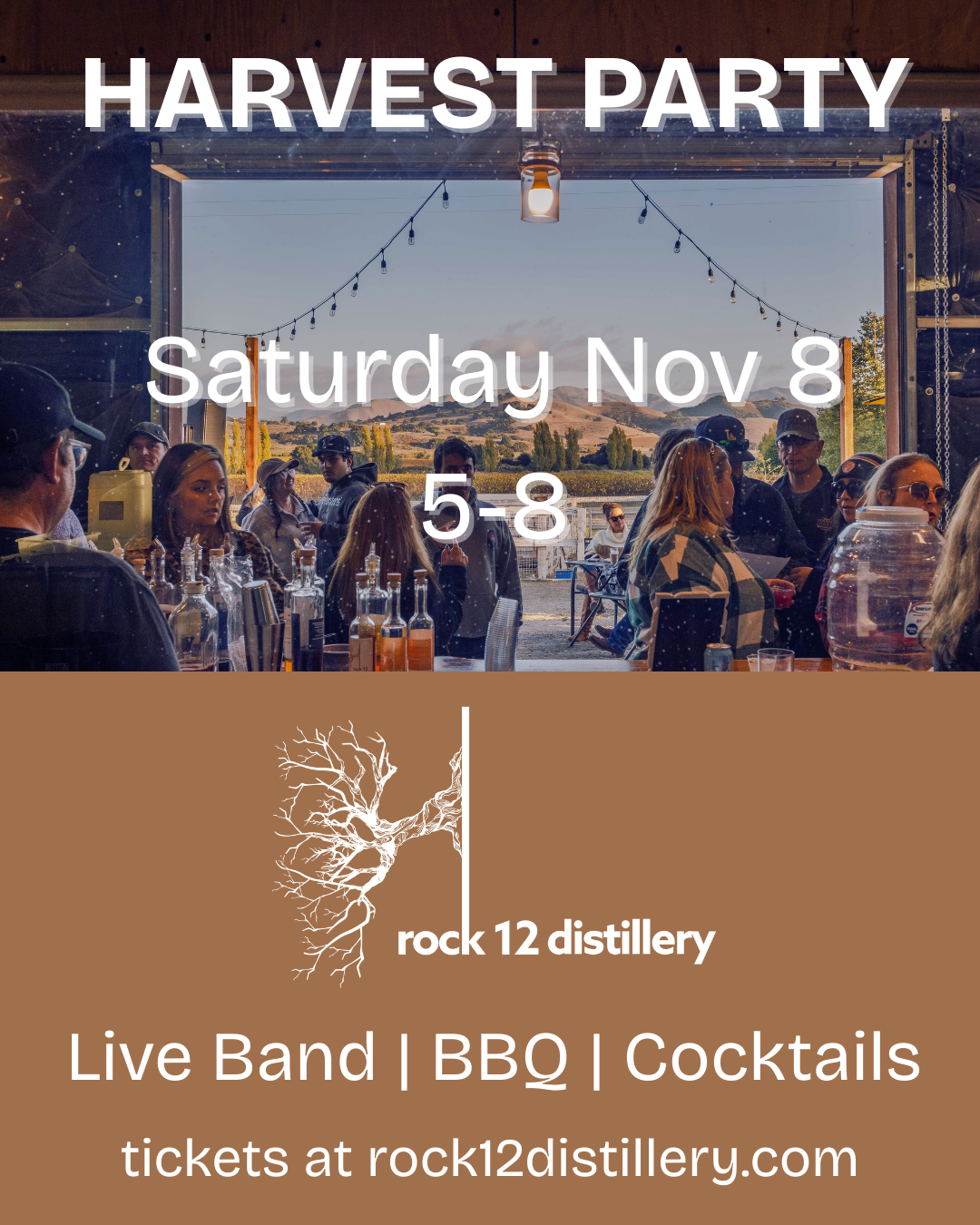 Harvest Party poster with a lively crowd inside a rustic venue. Lights hang overhead, mountains visible through open doors. Saturday Nov 8th, live band and BBQ at Rock 12 Distillery.